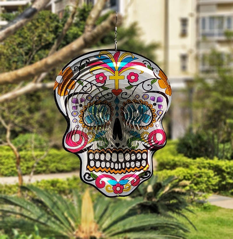 Fonmy Kinetic 3D Metal Garden Wind Spinner Unique Gifts Outdoor Decorations Quality Hanging Ornament for Home and Garden 12inch Mandala Silver Sugar Skull Wind Spinners - Image 2